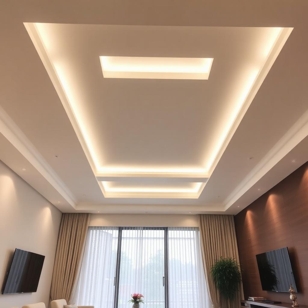 Teto falso em pladur com iluminação LED indireta integrada em sala de estar